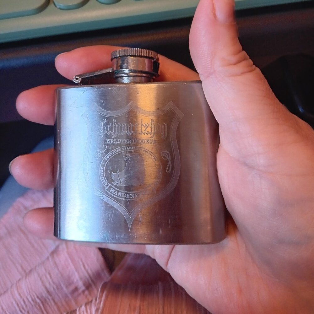 VINTAGE Stainless Steel Schwartzhog Krauter Pocket Flask Whiskey Wine **READ**